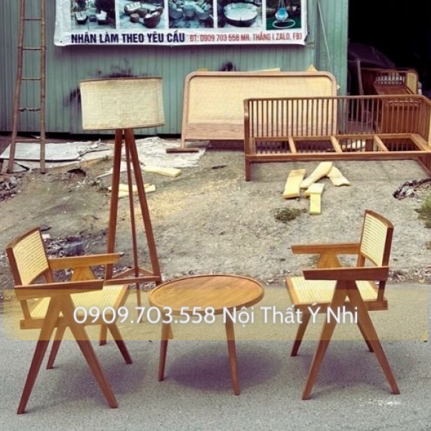 Bộ bàn ghế cafe gỗ đan mây cao cấp