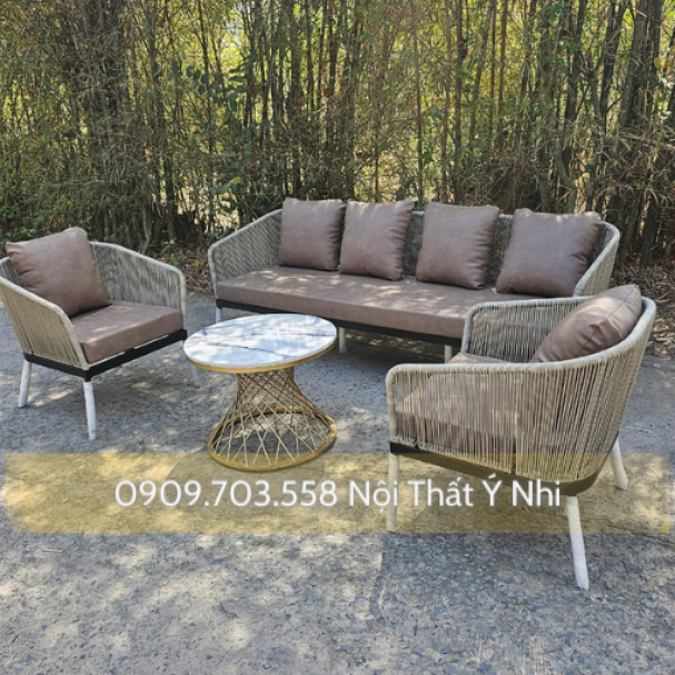 Bộ bàn ghế sofa cafe, resot... đan dây nhựa giả mây