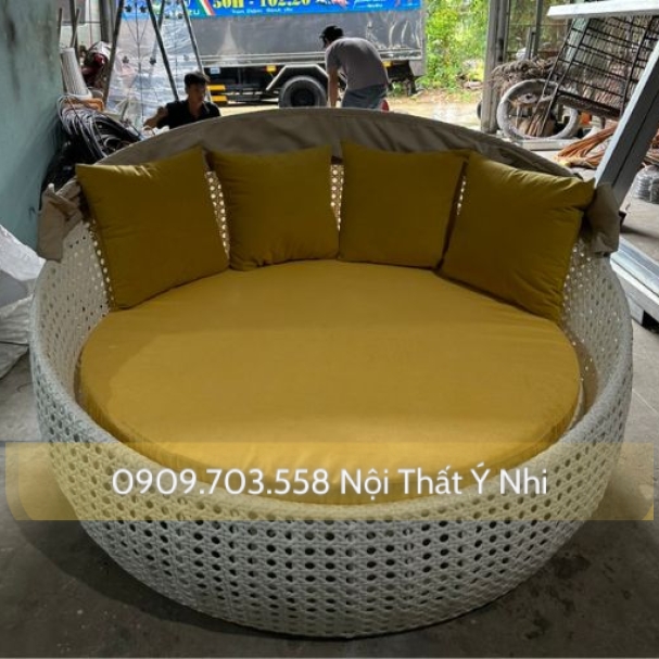Giường tròn đan nhựa giả mây resot, khách sạn...